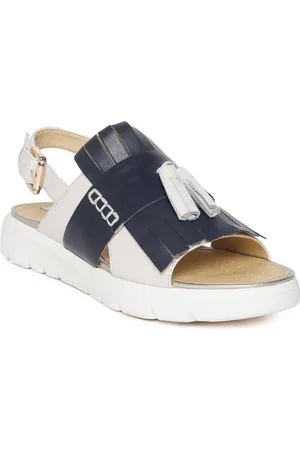 Geox Women Navy Blue & Off-White Colourblocked Leather Open Toe Flats