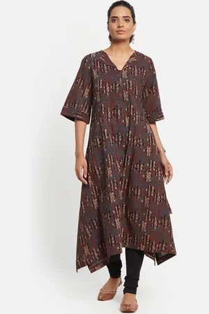 Fabindia Women Brown Floral Yoke Design Kurta