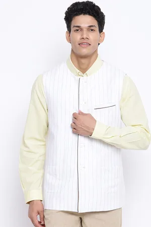 Fabindia Men White Striped Woven Nehru Jackets