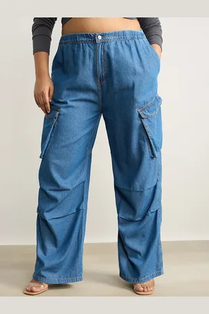 FREAKINS Women Breezy Pleats Plus Size Straight Fit High-Rise Cotton Cargo Jeans