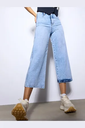 FREAKINS Women Wide Leg High-Rise Clean Look Pure Cotton Cropped Jeans