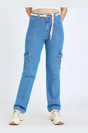 FREAKINS Women Blue High-Rise Straight Fit Clean Look Cotton Cargo Jeans
