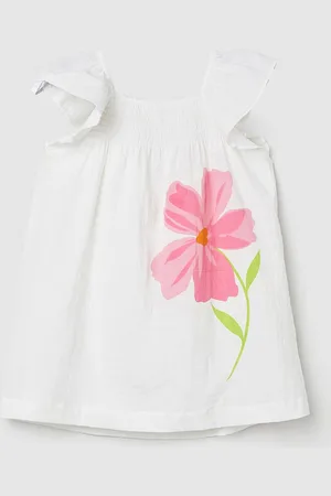 Max Collection Girls Floral Printed Flared Sleeves Smocked Pure Cotton A-Line Dress