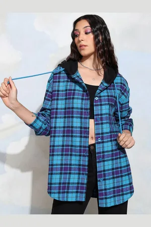 Tokyo Talkies Women Magenta Checked Hooded Overshirt