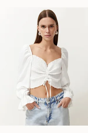 Trendyol Women Smocked Tie-Up Self Design Crop Top
