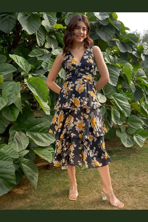 Rare Fashion V Neck Floral Printed Layered Georgette Fit & Flare Midi Dress