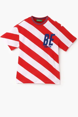 Benetton Boys Round Neck Short Sleeves Striped Pure Cotton Boxy T-shirt