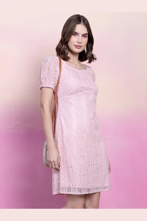 FabAlley Women Pink Sweetheart Neck Mini Lace Sheath Dress