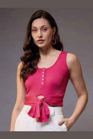 KASSUALLY Women Waist Tie Up Scoop Neck Crop Top