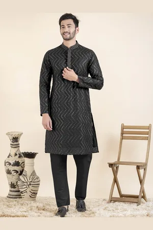 TheEthnic.Co Chevron Embroidered Mandarin Collar Regular Straight Kurta With Trousers