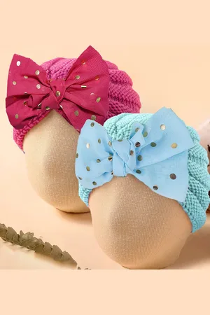 Baby Moo Unisex Kids Set of 2 Woollen Beanie With Bow Embellished