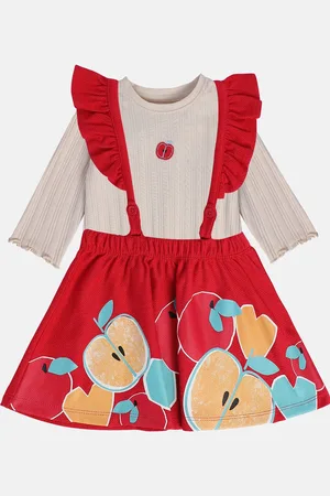 MINI KLUB Girls Printed Ruffled Pure Cotton Dungaree With T-Shirt