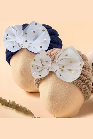 Baby Moo Unisex Kids Set of 2 Woollen Beanie With Bow Embellished