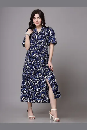 Aayu Abstract Printed Mandarin Collar Puff Sleeves A-Line Midi Dress