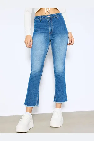 FREAKINS Women Blue High-Rise Clean Look Light Fade Cropped Flared Jeans