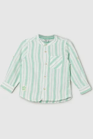 Max Collection Boys Vertical Stripes Pure Cotton Mandarin Collar Roll-Up Sleeves Casual Shirt