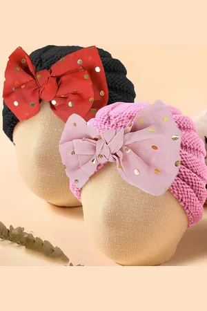 Baby Moo Unisex Kids Set of 2 Woollen Beanie With Bow Embellished