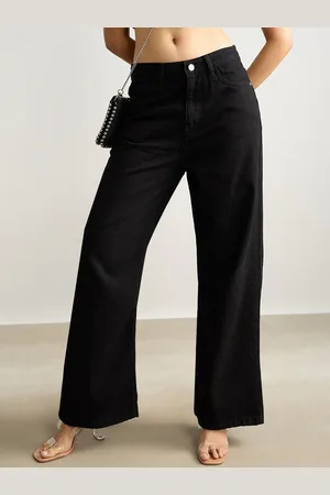 FREAKINS Women Black Clean Look Dark Shade Low-Rise Pure Cotton Wide Leg Jeans
