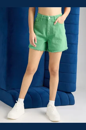 FREAKINS Women Green High-Rise Cotton Casual Raw Edge Denim Shorts
