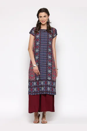 Sera Women Blue & Maroon Printed Kurta with Palazzos