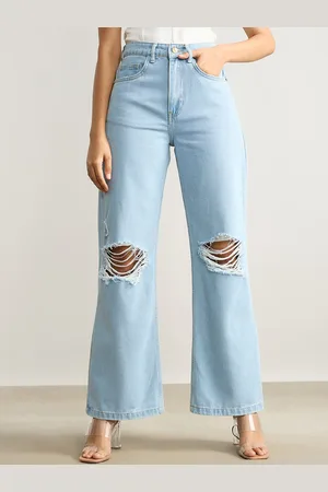 FREAKINS Women Blue Wide Leg High-Rise Slash Knee Light Fade Cotton Jeans