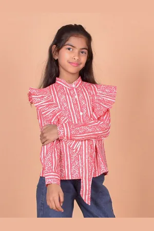 BAESD Girls Relaxed Striped Mandarin Collar Sul Sleeves Ruffles Casual Shirt