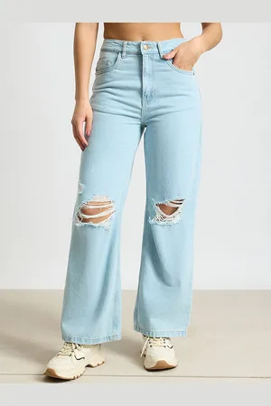 FREAKINS Women Blue Wide Leg Mid-Rise Highly Distressed Light Fade Cotton Ripped Jeans