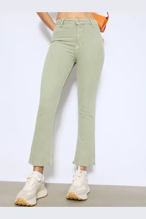 FREAKINS Women Khaki Mid-Rise Clean Look Coloured Shade Cropped Flared Jeans