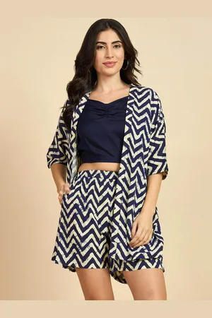 Azira Abstract Printed Shoulder Straps Top, Coat With Trousers