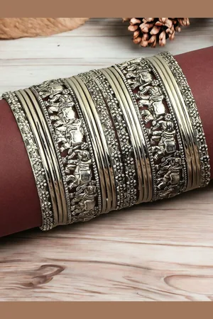 Sangria Set of 18 Elephant Design Oxidised Bangles