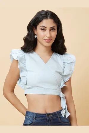 Globus V-Neck Blue Flutter Sleeve Cotton Denim Cropped Top