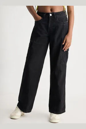 FREAKINS Women Urban Straight Fit High-Rise Pure Cotton Cargo Jeans