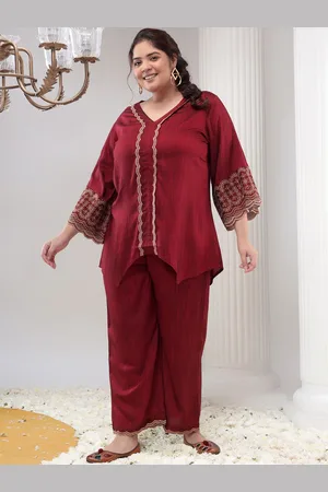 Bani Women Plus Size V-Neck Self Design Thread Work Asymmetric Casual Tunic With Palazzos