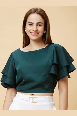 Globus Green Flared Sleeve Cropped Top