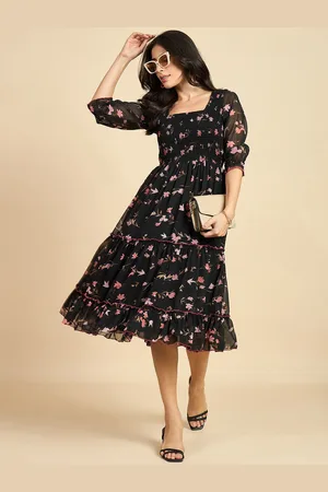 Azira Floral Print Puff Sleeve Georgette Fit & Flare Midi Dress