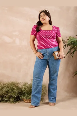 Berrylush Plus size Pink Conversational Printed Square Neck Puff Sleeves Cotton Top