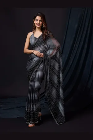 Trendmalls Embellished Beads and Stones Pure Chiffon Heavy Work Saree