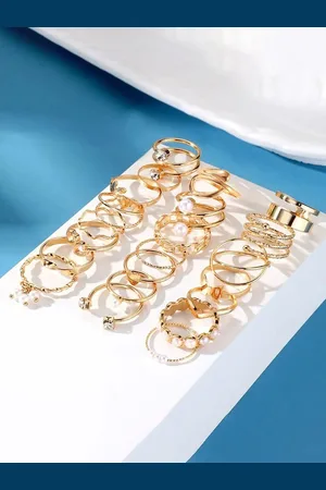 Jewels Galaxy Set Of 22 Gold Plated Stone Studded & Beaded Finger Ring