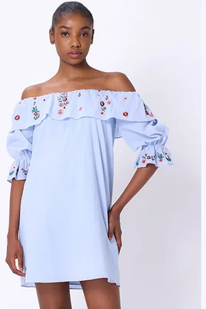 COVER STORY Women Floral Emroidered Off-Shoulder Bell Sleeves Cotton Shift A-Line Dress