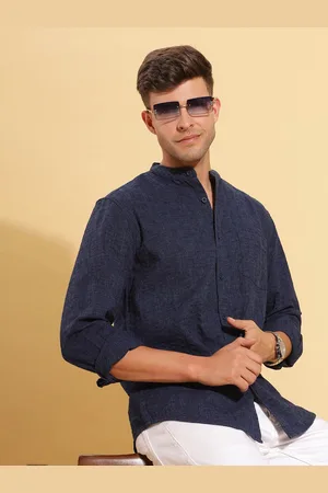 HERE&NOW Geometric Mandarin Collar Long Sleeves Cotton Casual Shirt