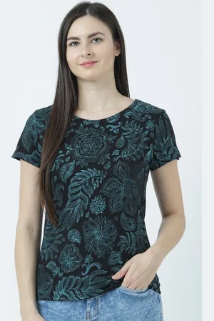 Huetrap Women Black Printed Round Neck T-shirt