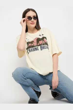 Skidlers Women Typography Printed Round Neck Pure Cotton Oversized T-shirt