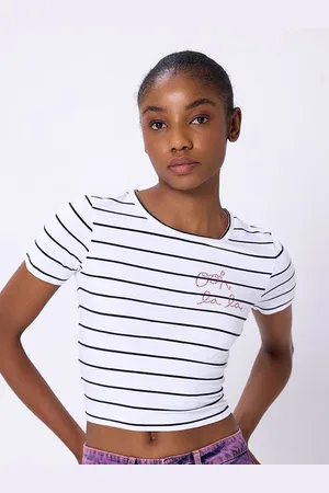 COVER STORY White & Black Striped Round Neck Pure Cotton T-shirt