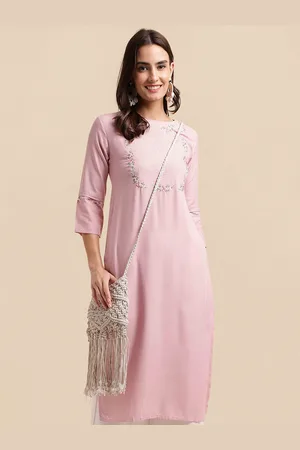 Mirchi Fashion Pink & Green Floral Embroidered Straight Kurta