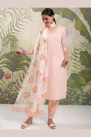 Vishudh Pink Striped Pure Cotton Straight Kurta With Salwar & Dupatta
