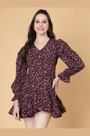 RAASSIO Floral Printed V-Neck Puff Sleeve Crepe A-Line Dress
