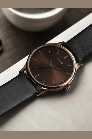 Sonata Men Brass Dial & Leather Bracelet Style Straps Analogue Watch 77105QL05W