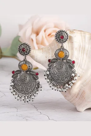 Sangria Silver-Plated Stone-Studded & Beaded Oxidised Drop Earrings