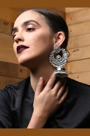 Alberre Odette Silver-Plated Dom Shaped Beaded Jhumkas
