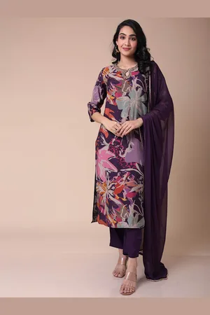 ZARI Floral Printed Keyhole Neck Sequined Straight Kurta With Trousers & Dupatta